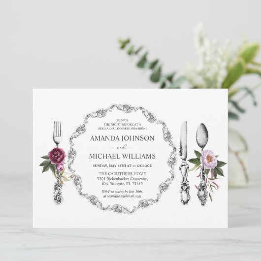 Dining Plate Spoon Fork Rehersal Dinner Party 招待状 (スタンド正面)