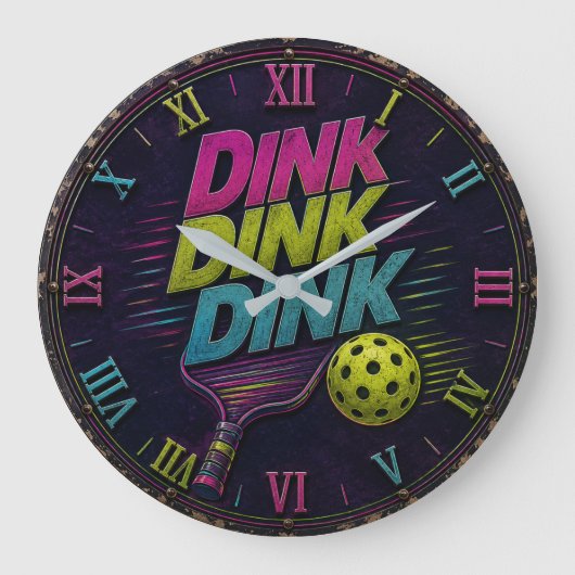 Dink Dink Dink Pickleball Retro Neon ラージ壁時計 (正面)
