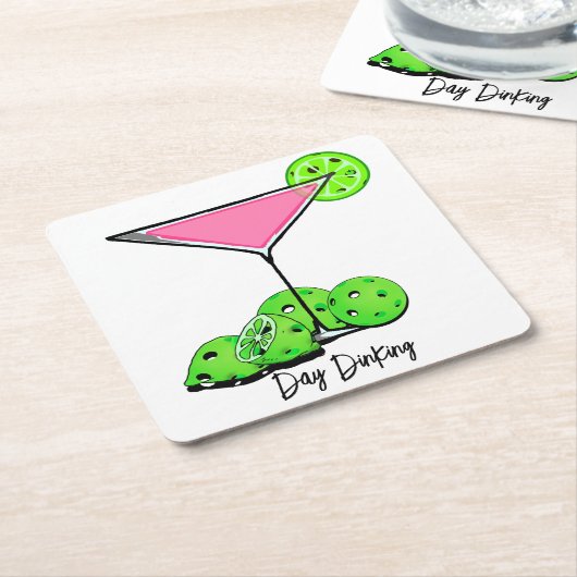 Dinking Cosmoピンクカクテル、ピックボールライム スクエアペーパーコースター (アングル)