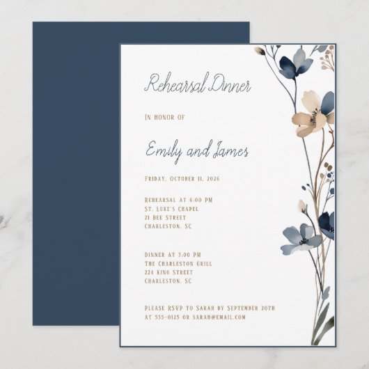 Dinner Dusty Blue Beige Botanical Modern Wedding 招待状 (正面/裏面)
