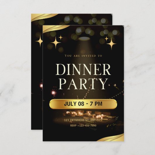 Dinner Party Invitation – Elegant Gold Design 出欠カード (正面/裏面)