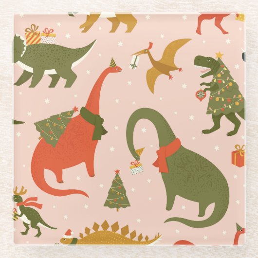 Dinoクリスマスパーティー:ツリーレックス ガラスコースター (正面)