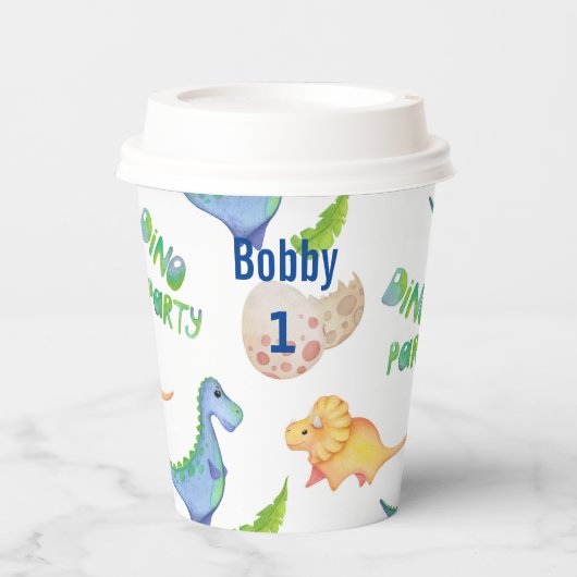 Dinoパーティーかわいい恐竜誕生日少年の名前エージsip 紙コップ (正面)