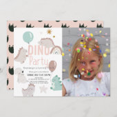 Dinoパーティーピンクダノガールフォト誕生日 招待状 (正面/裏面)