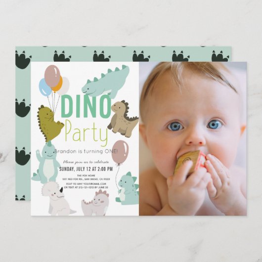 Dinoパーティー恐竜ボーイフォト1st誕生日 招待状 (正面/裏面)