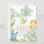 Dinoパーティー1st誕生日の水彩風船 招待状 (正面)