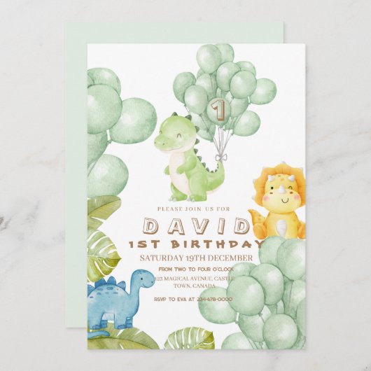 Dinoパーティー1st誕生日の水彩風船 招待状 (正面/裏面)