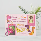 Dino子供の誕生日ガールズピンク写真共有パーティー 招待状 (スタンド正面)