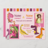 Dino子供の誕生日ガールズピンク写真共有パーティー 招待状 (正面/裏面)