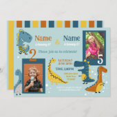 Dino子供の誕生日ガールズボーイズ写真共有パーティー 招待状 (正面/裏面)