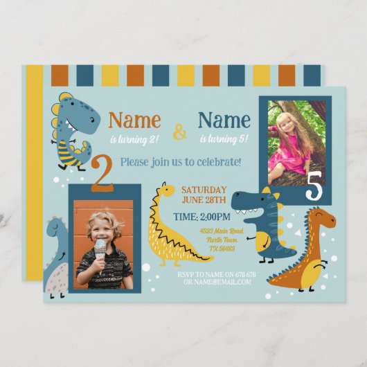 Dino子供の誕生日ガールズボーイズ写真共有パーティー 招待状 (正面/裏面)