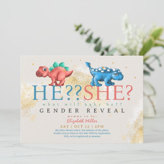 Dino男おもしろいの子または女の子の性別の表示 招待状 (スタンド正面)