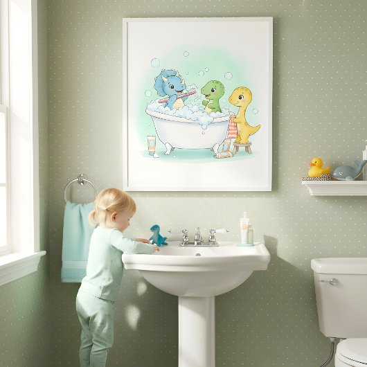 Dino Bath Squad Kids Bathroom Wall Art ポスター