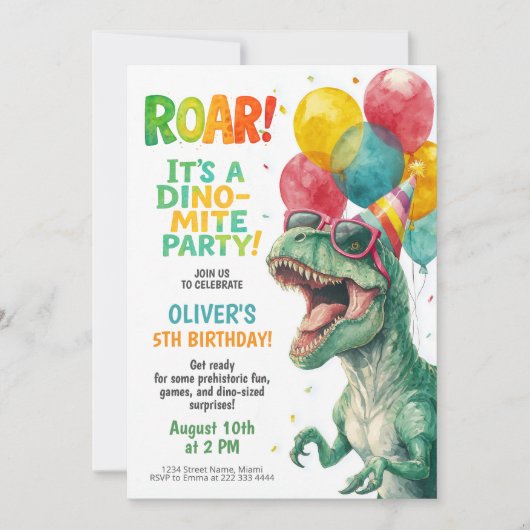 Dino Birthday Party with Balloons 招待状 (正面)
