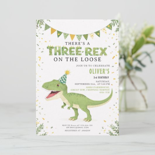 Dino Birthday Three-Rex Boy Invitation 招待状 (スタンド正面)