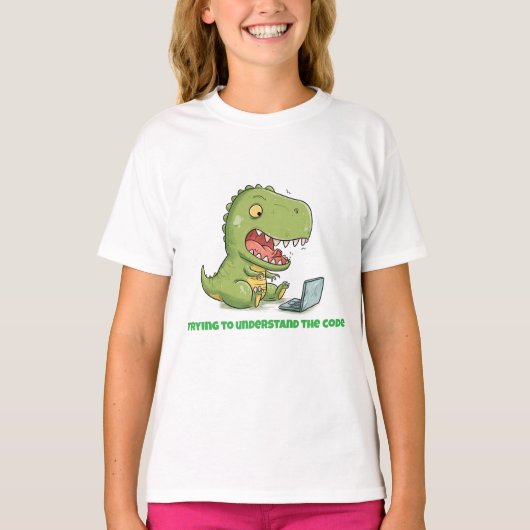 Dino Coder: Laptop Tyrannosaur Tシャツ (正面)