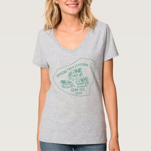 Dino Dig 2025 ネオン グリーン プリント Vネック Tシャツ (正面)