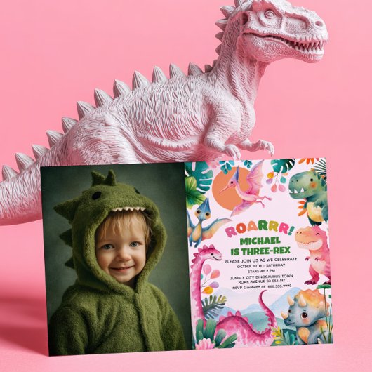 Dino Dinosaur Dig Fossil Kids 3rd Birthday Photo 招待状
