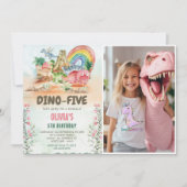 Dino-Five Dinosaur Girl 5th Birthday Party写真 招待状 (正面)