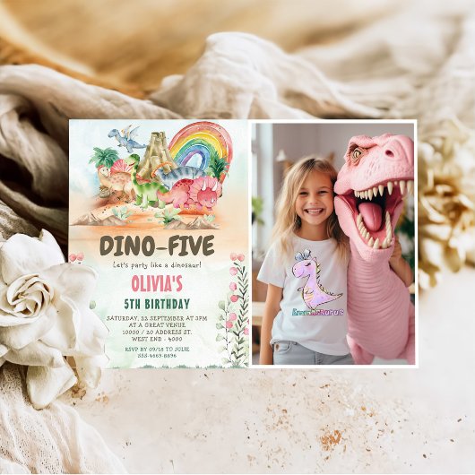 Dino-Five Dinosaur Girl 5th Birthday Party写真 招待状