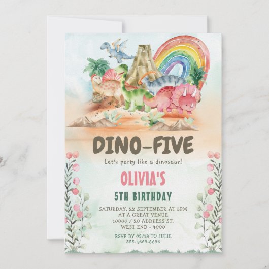 Dino-Five Dinosaur Girl 5th Birthday Party 招待状 (正面)