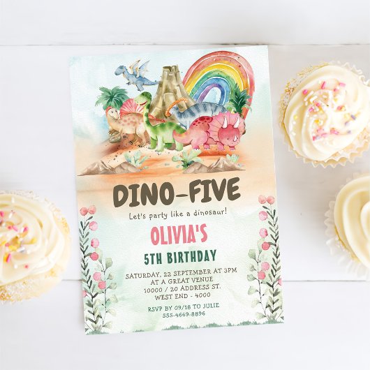 Dino-Five Dinosaur Girl 5th Birthday Party 招待状