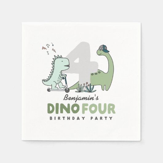 Dino Four Birthday Party Napkins スタンダードカクテルナプキン (正面)