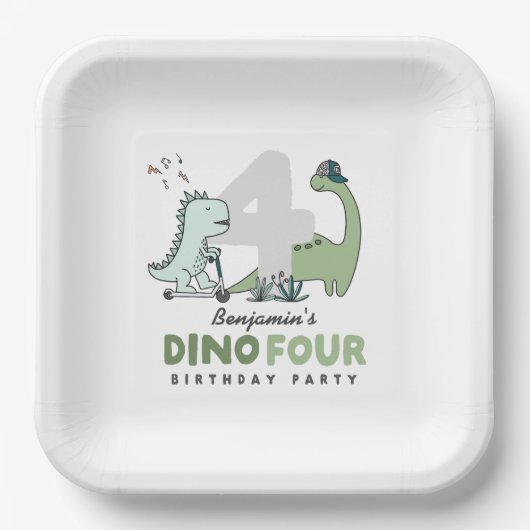 Dino Four Birthday Party Paper Plates ペーパープレート (正面)