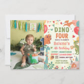 Dino FOUR T-Rex Dinosaur 4th Birthday Party Photo 招待状 (正面)
