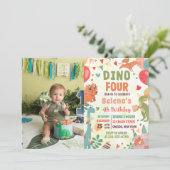 Dino FOUR T-Rex Dinosaur 4th Birthday Party Photo 招待状 (スタンド正面)