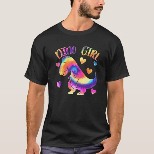 Dino Girl – 恐竜の恋人 – 絞り染めかわいい10代のギル Tシャツ (正面)