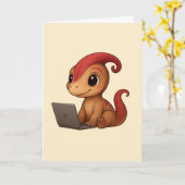 Dino Karte – Dino Kammli am Laptop カード (黄色い花)