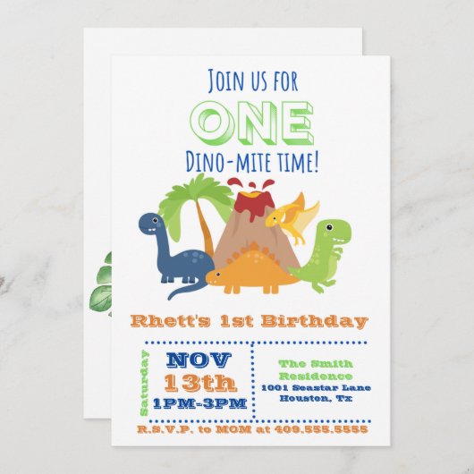 Dino-Mite 1st Birthday – 恐竜の写真招待状 招待状 (正面/裏面)