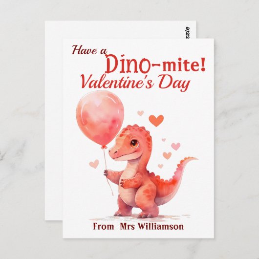 Dino-Mite Valentines Day Classroomはがきを持っている ポストカード (正面/裏面)
