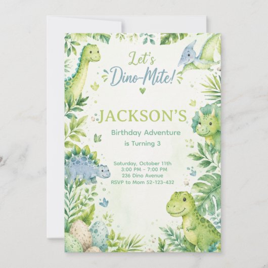 Dino Mite Watercolor Dinosaur Birthday Party Paste 招待状 (正面)