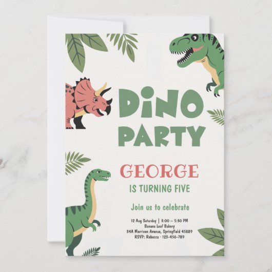 Dino Party Cute Dinosaur 5th Birthday Party 招待状 (正面)