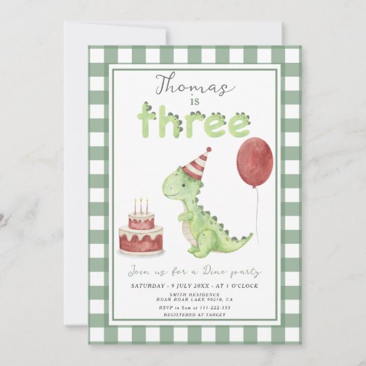 Dino Party | Cute Dinosaur Three-Rex Birthday 招待状 (正面)