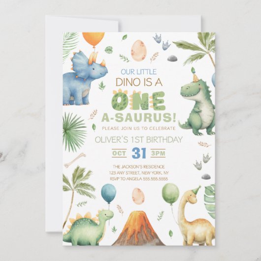 Dino Party | Cute Dinosaurs First Birthday Invitat 招待状 (正面)