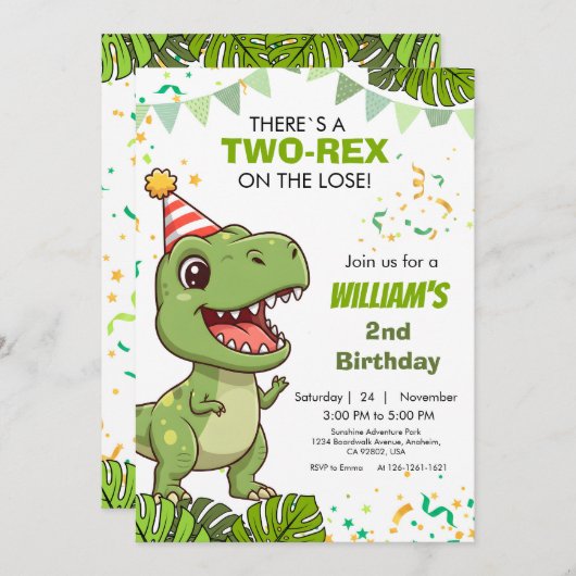Dino Party Second Birthday Invitation 招待状 (正面/裏面)