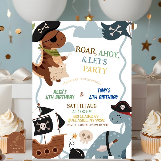 Dino Pirates Joint Birthday party invitation 招待状