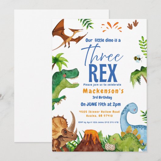 Dino three rex 3rd boy Dinosaur birthday party 招待状 (正面/裏面)