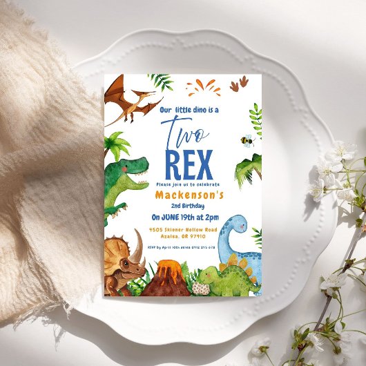 Dino Two rex 2nd boy Dinosaur birthday party 招待状