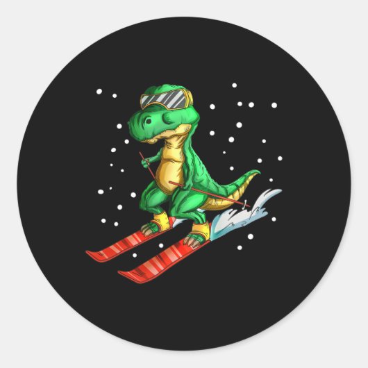 Dino With Ski Goggles Skier Dinosaur T-rex Skiing  ラウンドシール (正面)