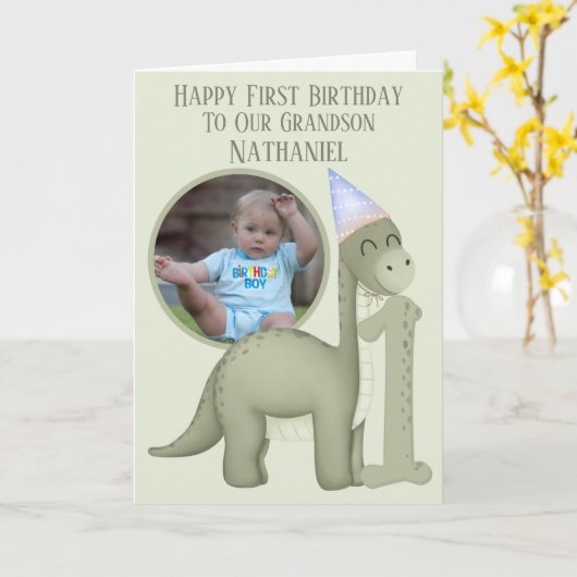 Dinosaur 1 Photo Aperture First Birthday Card カード (黄色い花)