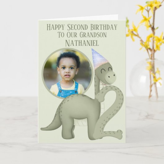 Dinosaur 1 Photo Aperture Second Birthday Card カード (黄色い花)