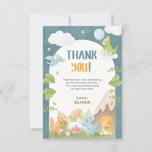 Dinosaur 1st Birthday Blue サンキューカード (正面)