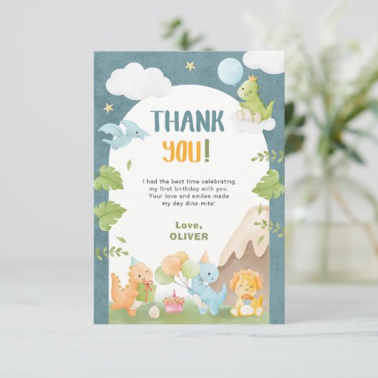 Dinosaur 1st Birthday Blue サンキューカード (スタンド正面)