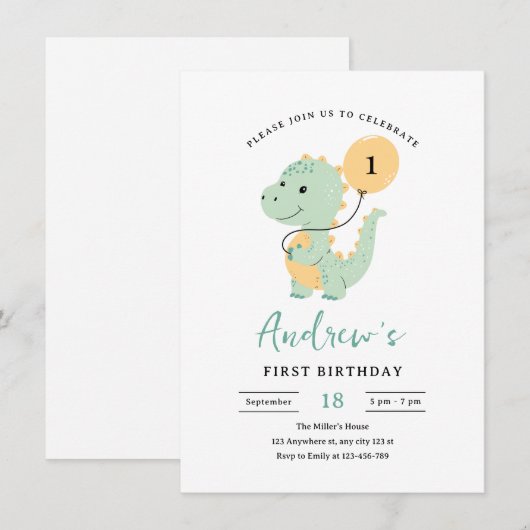 Dinosaur 1st Birthday Invitation, Minimalist T rex 招待状 (正面/裏面)
