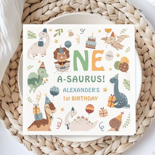 Dinosaur 1st Birthday One A-Saurus Boy Dino Paper スタンダードカクテルナプキン