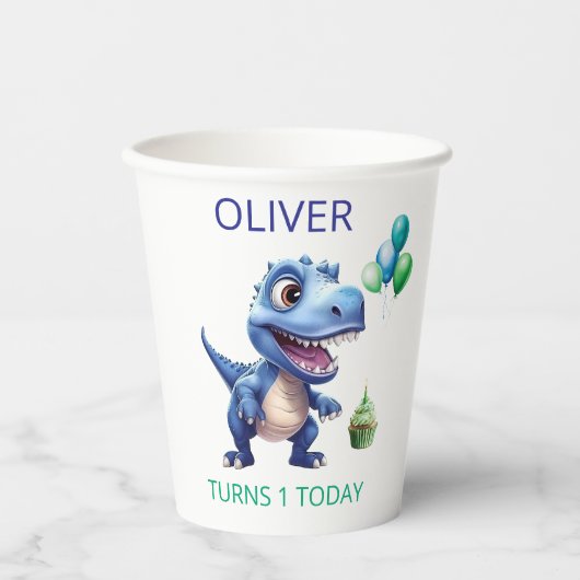 Dinosaur 1st Birthday Paper Cups Boy  Personalized 紙コップ (正面)